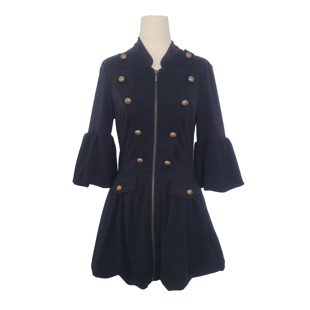 Y2k XXI Military Zip Front Flared Sleeve Mini Dress Coat M Black Steampunk Goth